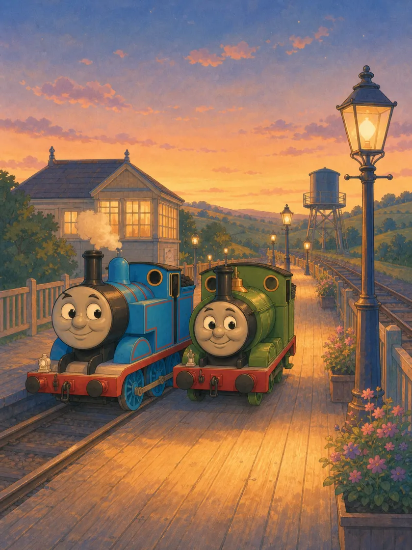 Ending: both engines rest in the fully lit station.