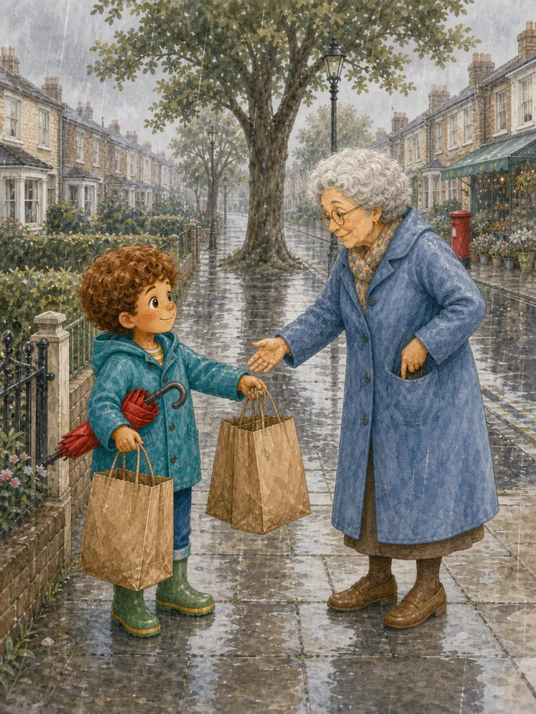 A child in a raincoat takes two paper grocery bags from an older woman on a rainy street, a folded red umbrella under one arm
