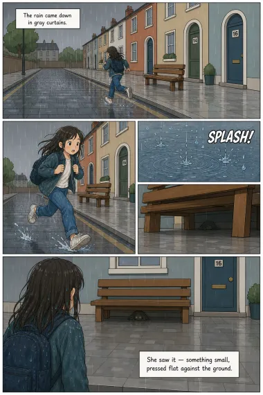 The Cat Under the Bench — page one of a 7-page comic in clean flat cartoon style