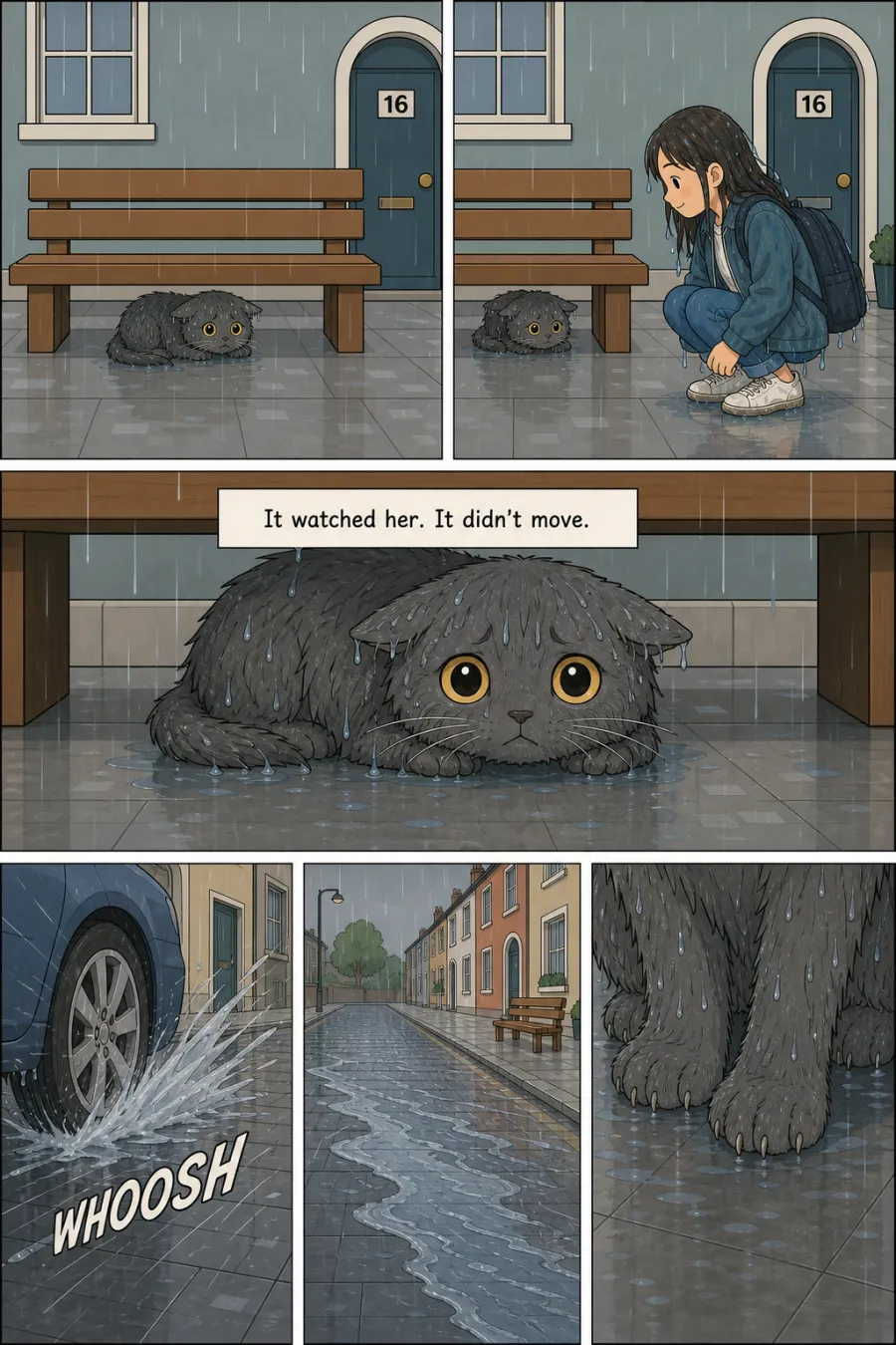 Page 2 of The Cat Under the Bench, drawn in clean flat cartoon style