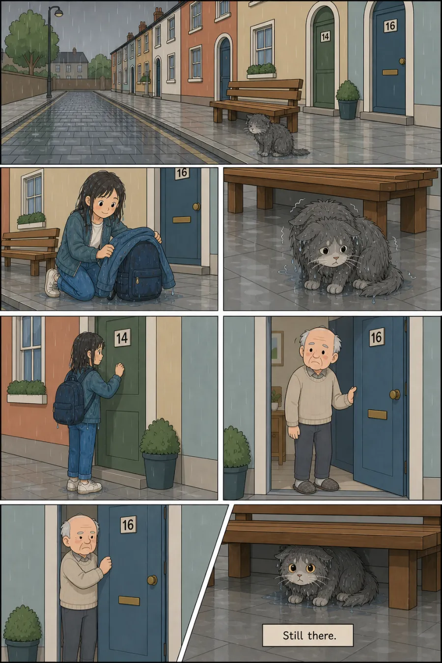 Page 3 of The Cat Under the Bench, drawn in clean flat cartoon style