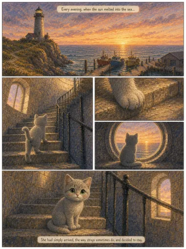 The Keeper of the Light — page one of a 12-page comic in crayon storybook style