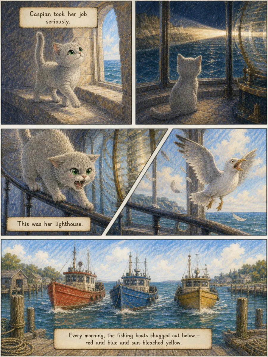 Page 2 of The Keeper of the Light, drawn in crayon storybook style