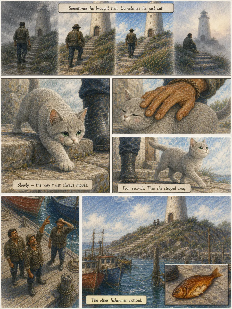 Page 8 of The Keeper of the Light, drawn in crayon storybook style