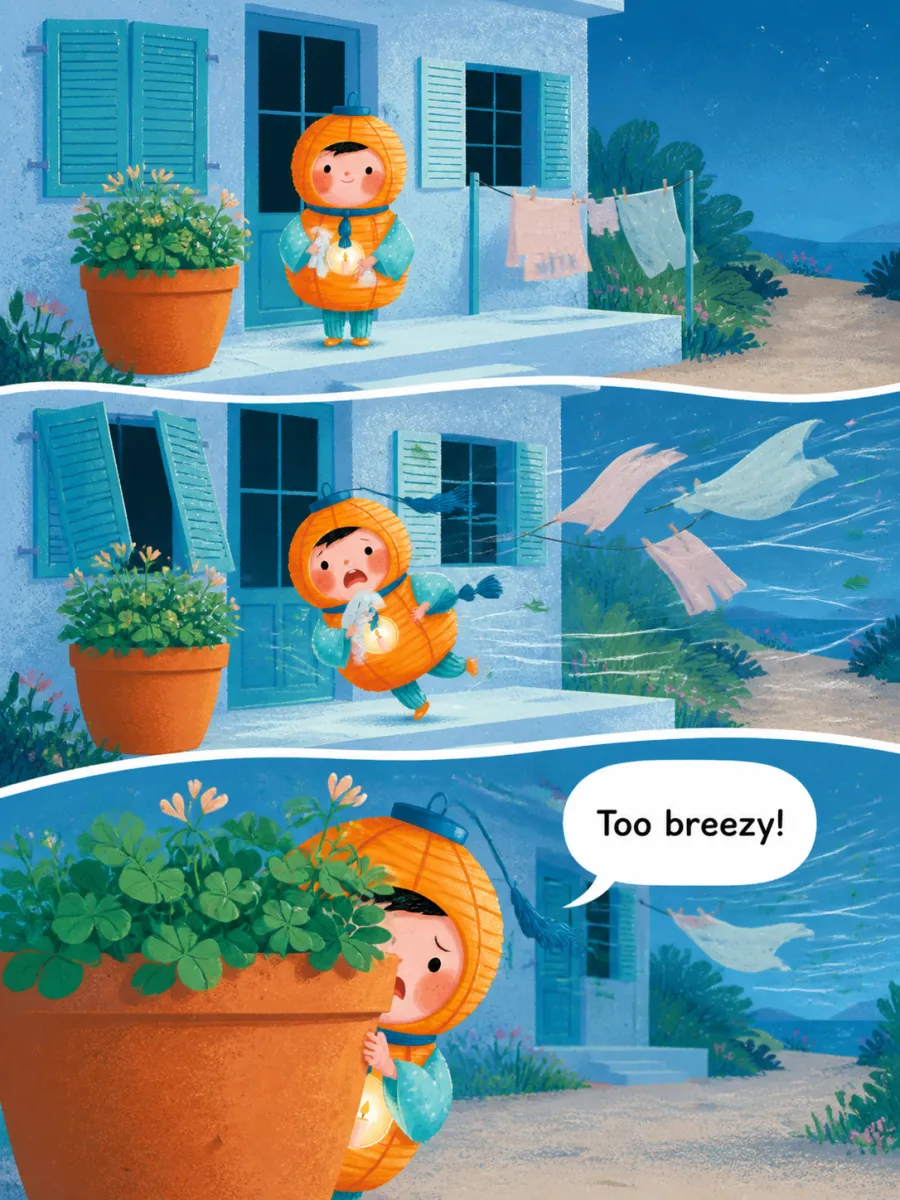 Page 2 of Miko and the Windy Night, painted in Aqua Grain Flat style