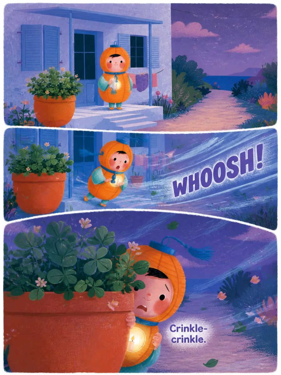 Page 3 of Miko and the Windy Night, painted in Aqua Grain Flat style