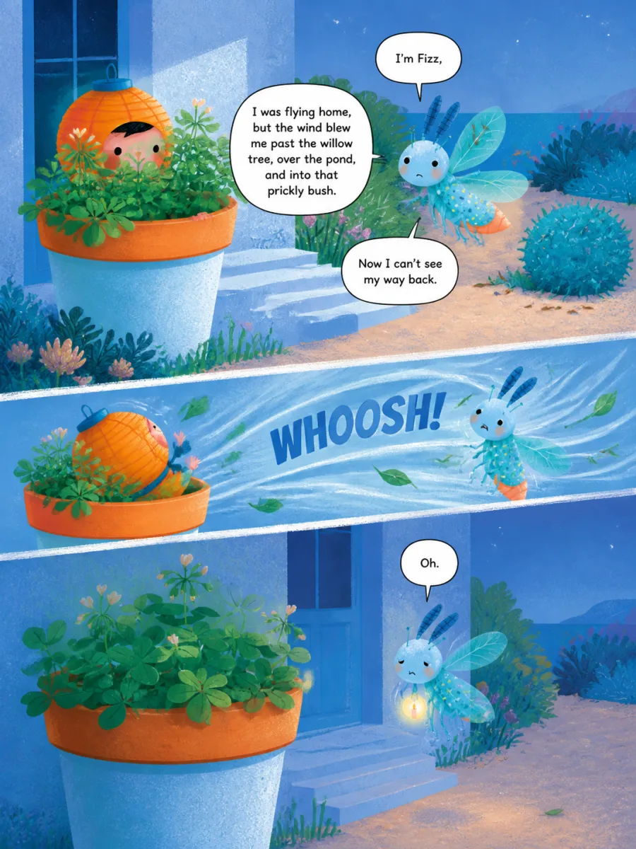 Page 6 of Miko and the Windy Night, painted in Aqua Grain Flat style