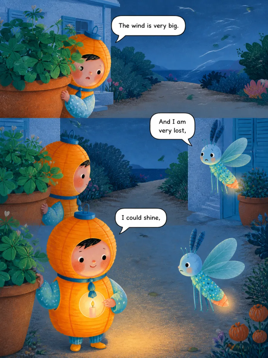 Page 7 of Miko and the Windy Night, painted in Aqua Grain Flat style