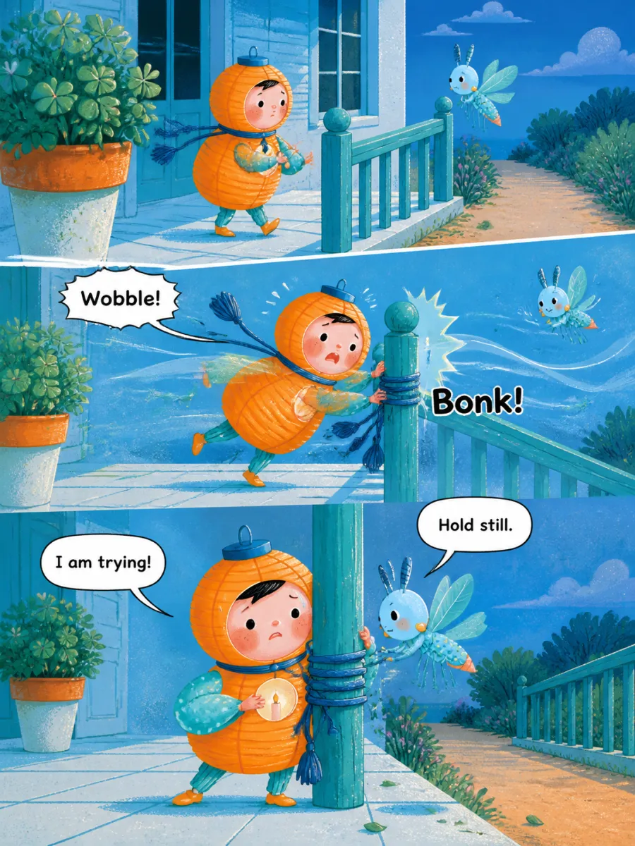 Page 9 of Miko and the Windy Night, painted in Aqua Grain Flat style