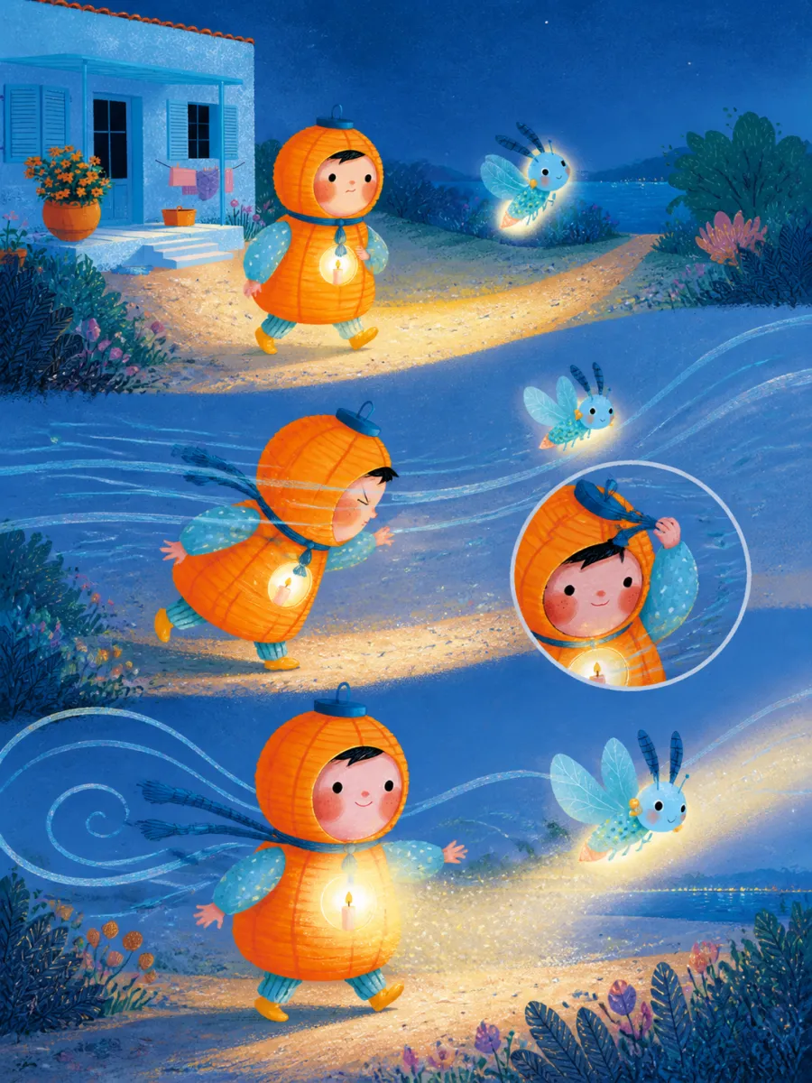 Page 13 of Miko and the Windy Night, painted in Aqua Grain Flat style