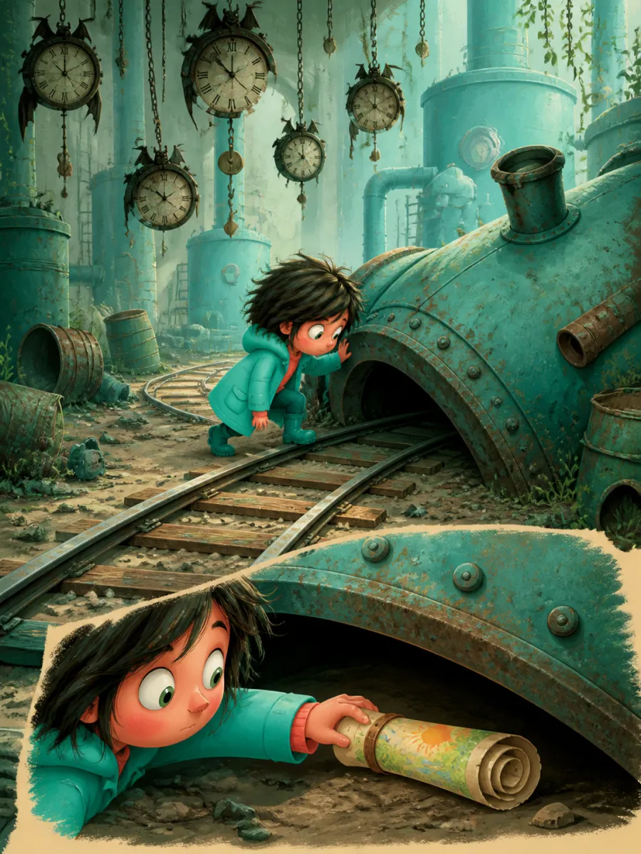 Page 4 of The Last Clockmaker of Gearhaven, painted in Teal & Coral Storybook style