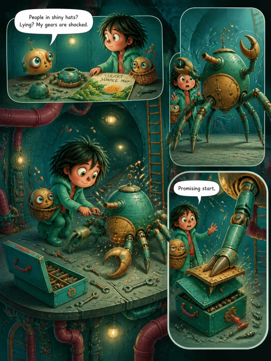 Page 7 of The Last Clockmaker of Gearhaven, painted in Teal & Coral Storybook style