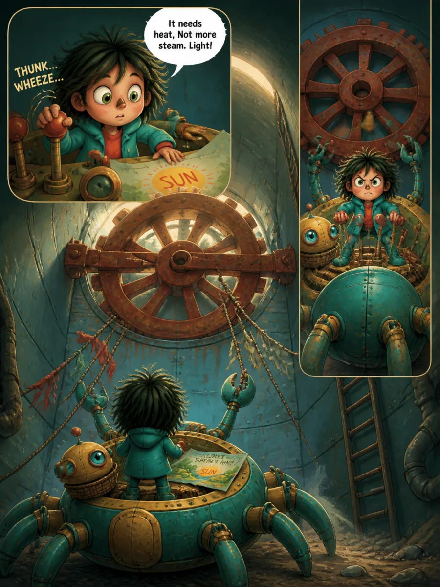 Page 10 of The Last Clockmaker of Gearhaven, painted in Teal & Coral Storybook style