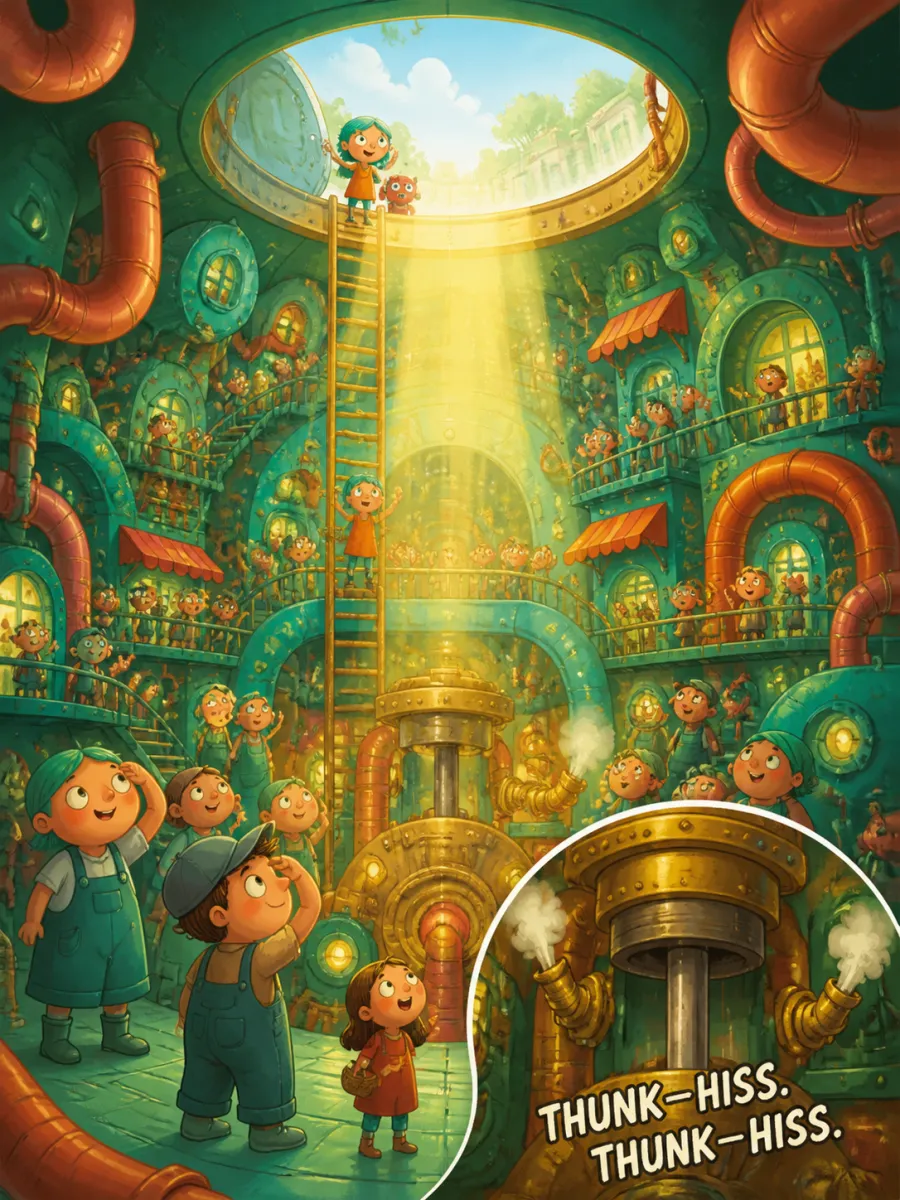 Page 14 of The Last Clockmaker of Gearhaven, painted in Teal & Coral Storybook style