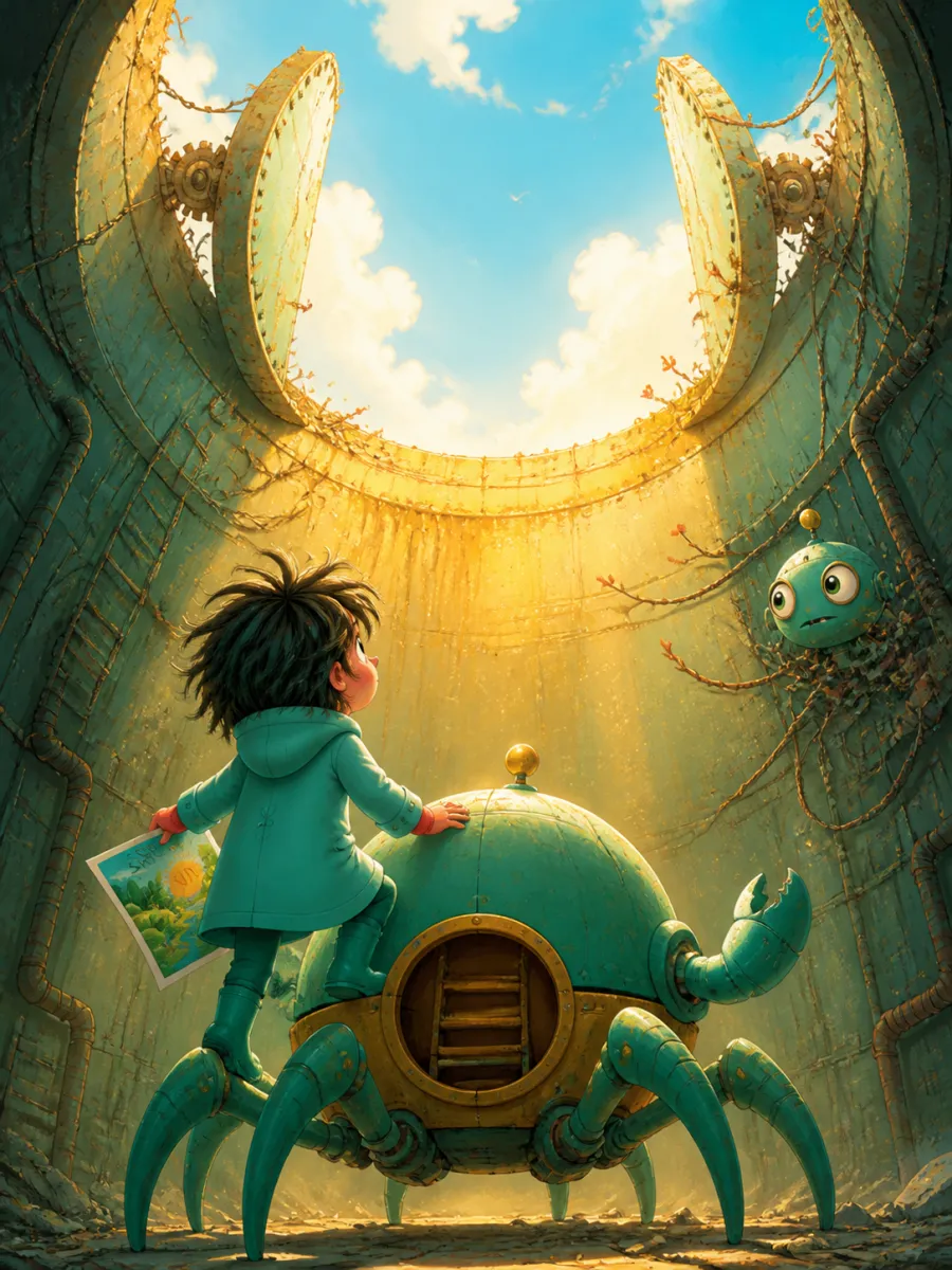 Page 13 of The Last Clockmaker of Gearhaven, painted in Teal & Coral Storybook style