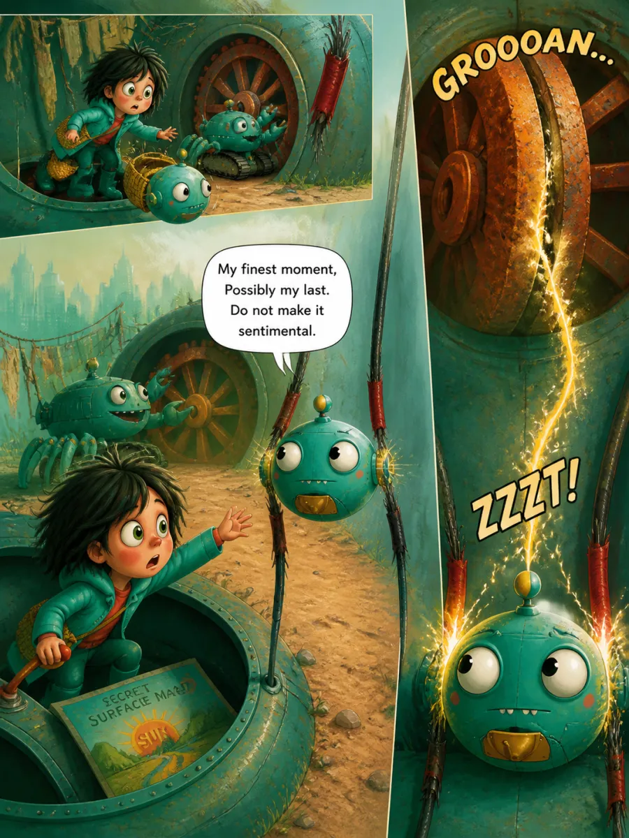 Page 11 of The Last Clockmaker of Gearhaven, painted in Teal & Coral Storybook style