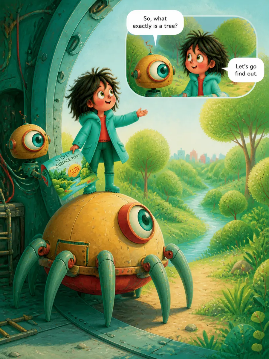 Page 15 of The Last Clockmaker of Gearhaven, painted in Teal & Coral Storybook style