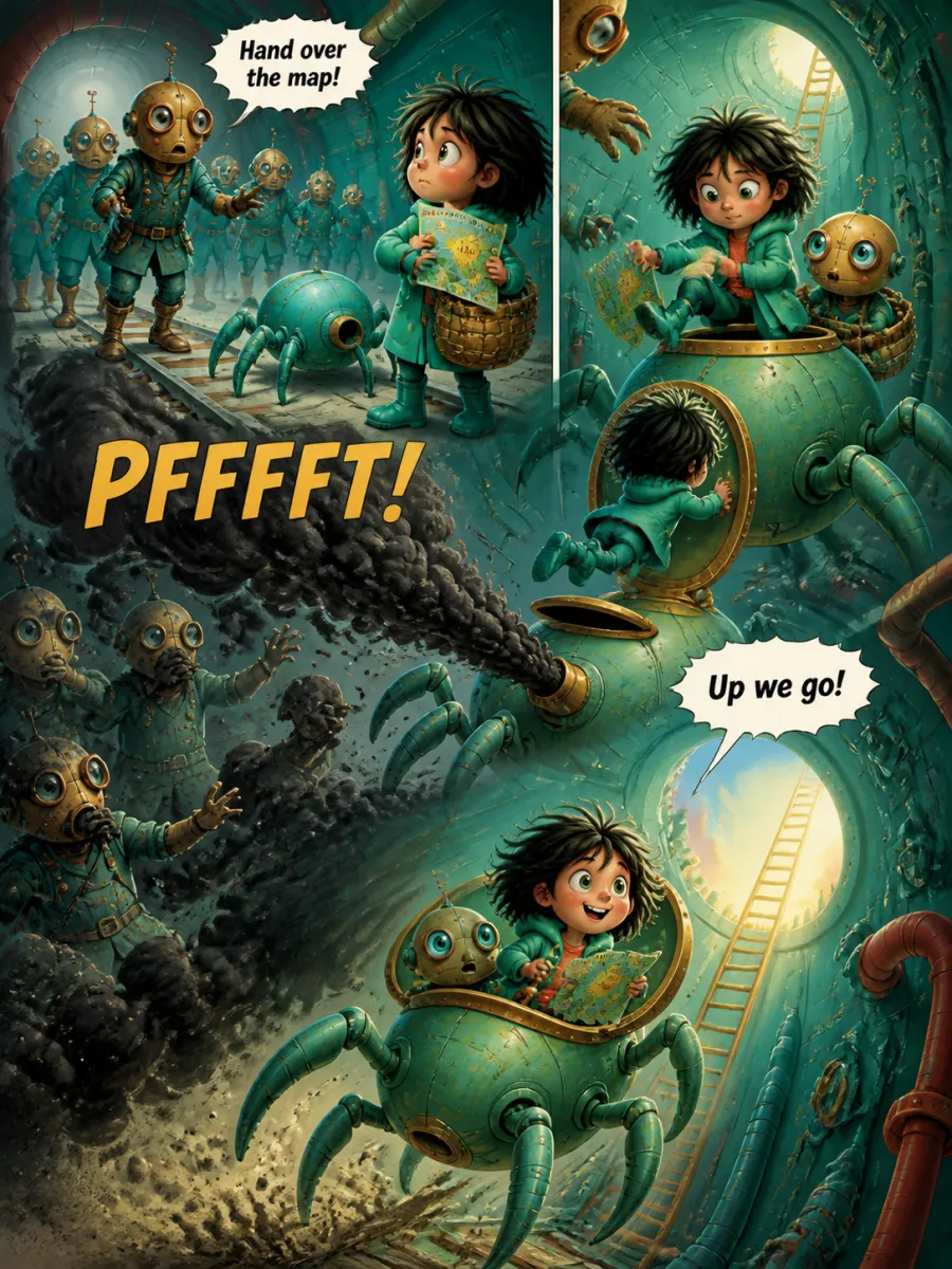 Page 8 of The Last Clockmaker of Gearhaven, painted in Teal & Coral Storybook style