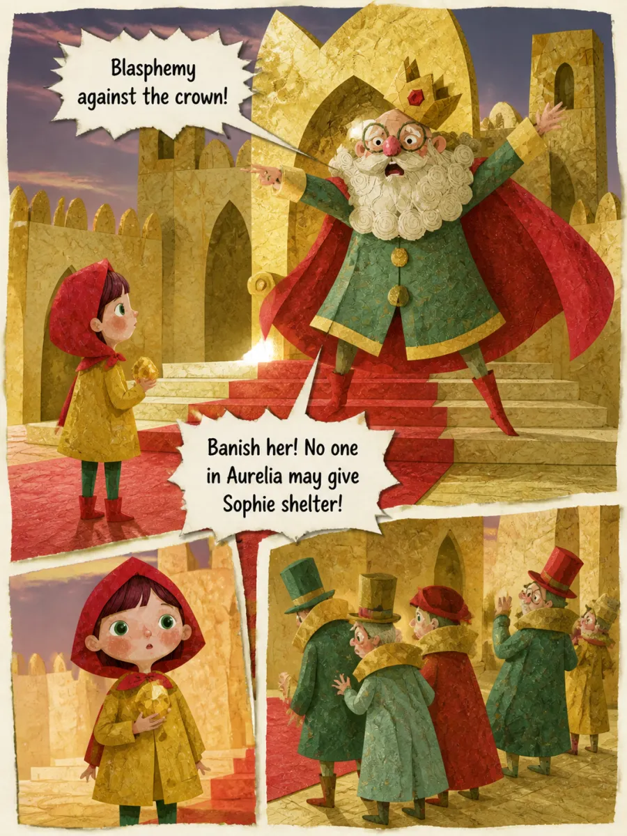 Page 8 of The Crown That Shone Too Bright, painted in Torn Paper Collage style
