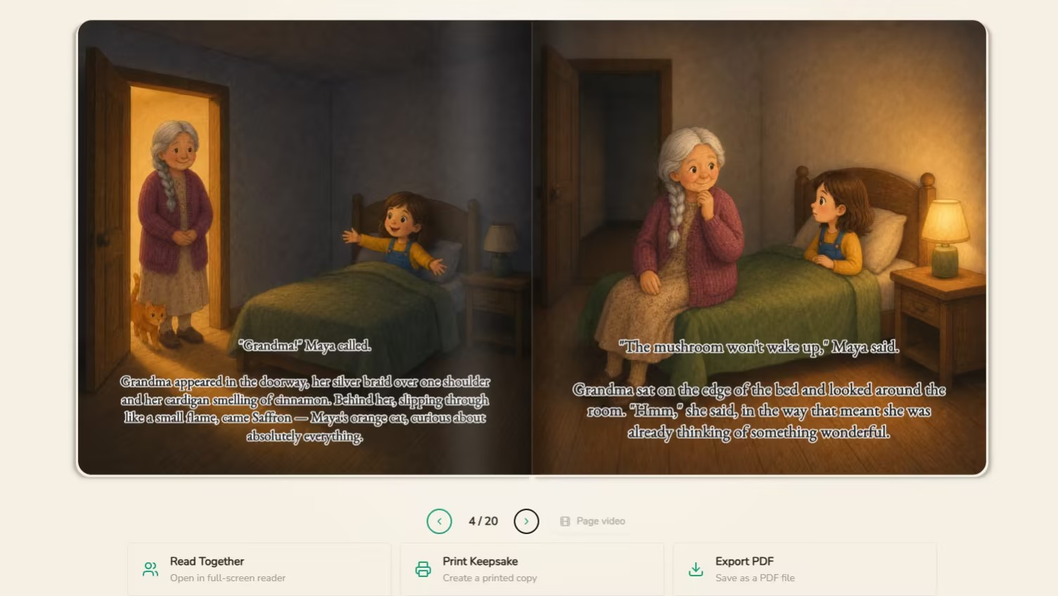 Preview your finished book page by page to check the illustrations, text, and layout before sharing or printing.