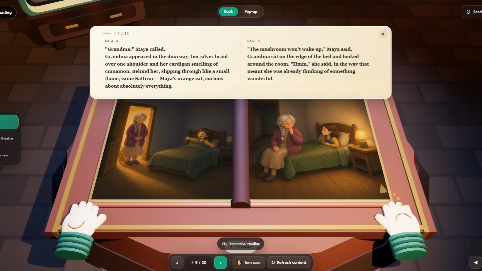 Explore your finished storybook in an immersive 3D reading space.