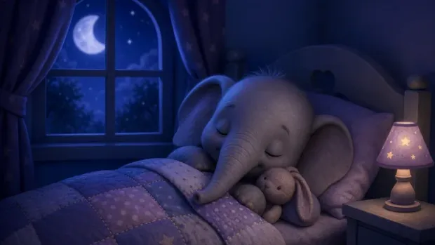 Poster frame from a bedtime film: a small bear closing the curtains on a moonlit room