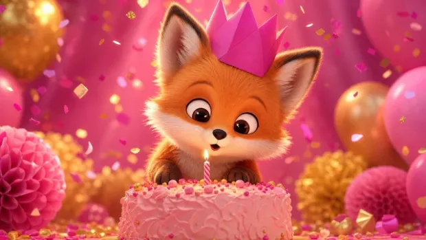 Poster frame from a birthday film: a paper crown on a table beside a lit candle