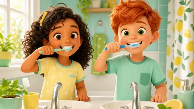 Poster frame from a habits film: two children taking turns with a watering can