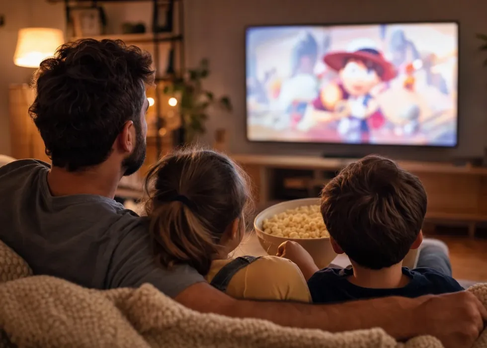 A family watching a ReadKidz animated film together on a living-room television