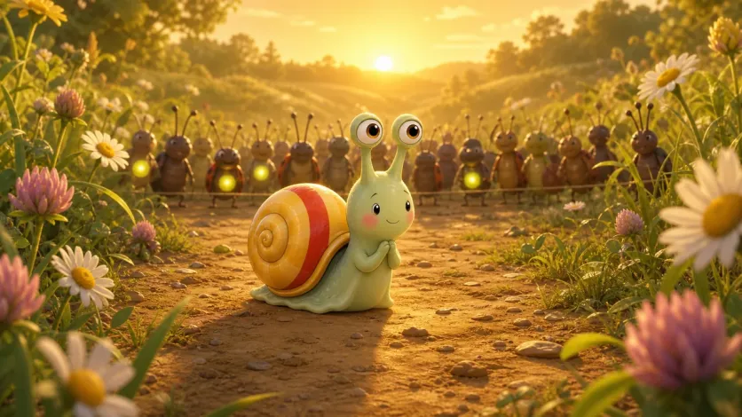 Animated story scene of a racing snail framed by flowers and a cheering insect crowd