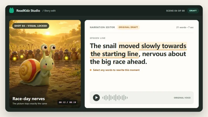 The narration line as the AI first wrote it, shown in the script editor
