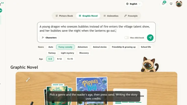 The ReadKidz home on its Graphic Novel tab: a one-line idea about a dragon who sneezes bubbles, with Funny comedy and ages 6–8 selected.