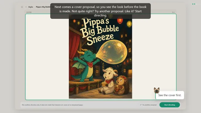 The cover proposal for “Pippa’s Big Bubble Sneeze”: a green dragon blowing a giant bubble on a village stage, with a goat and a hedgehog in the audience.