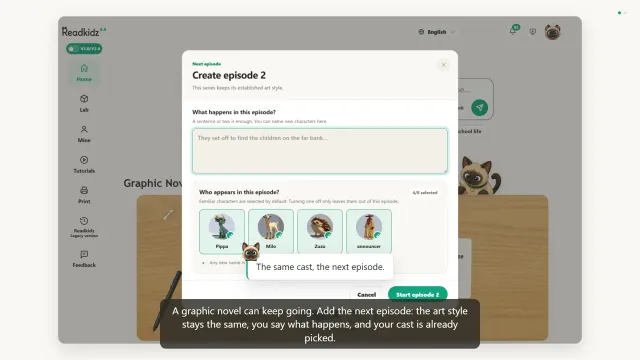 The Create episode 2 dialog: a box for what happens next and the four returning characters, Pippa, Milo, Zuzu and the announcer, already selected.