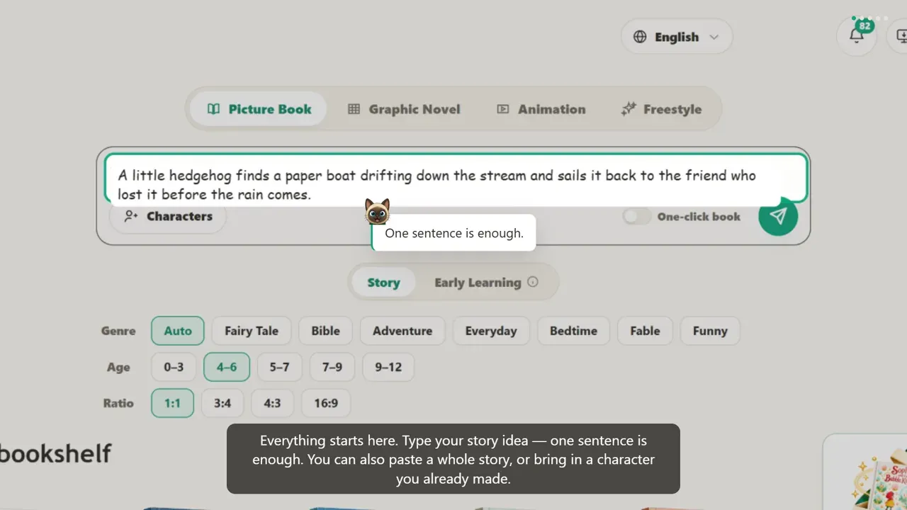 Creatorul de cărți ilustrate Readkidz, cu o idee de poveste dintr-o singură propoziție introdusă, opțiuni pentru gen, vârstă și formatul paginii dedesubt, plus o bibliotecă de cărți finalizate în partea de jos.
