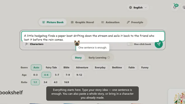 The ReadKidz picture-book composer with a one-sentence story idea typed in, genre, age and page-ratio chips below it, and a shelf of finished books underneath.