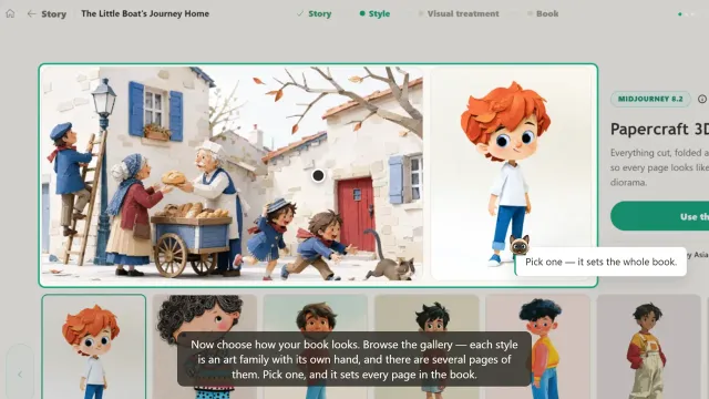 The art-style step: a Papercraft 3D sample spread and character on the left, its description on the right, and a row of alternative art families to choose from.