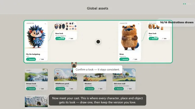 The asset library canvas showing the cast — Pip the hedgehog and his friend Wren with their base-look sheets — above the book’s stream and meadow scene cards.
