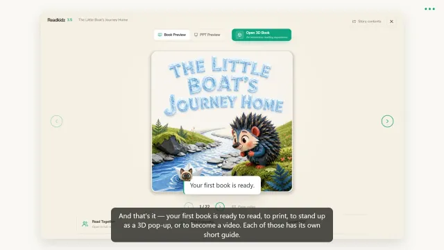 The finished picture book “The Little Boat’s Journey Home” open in the preview reader.