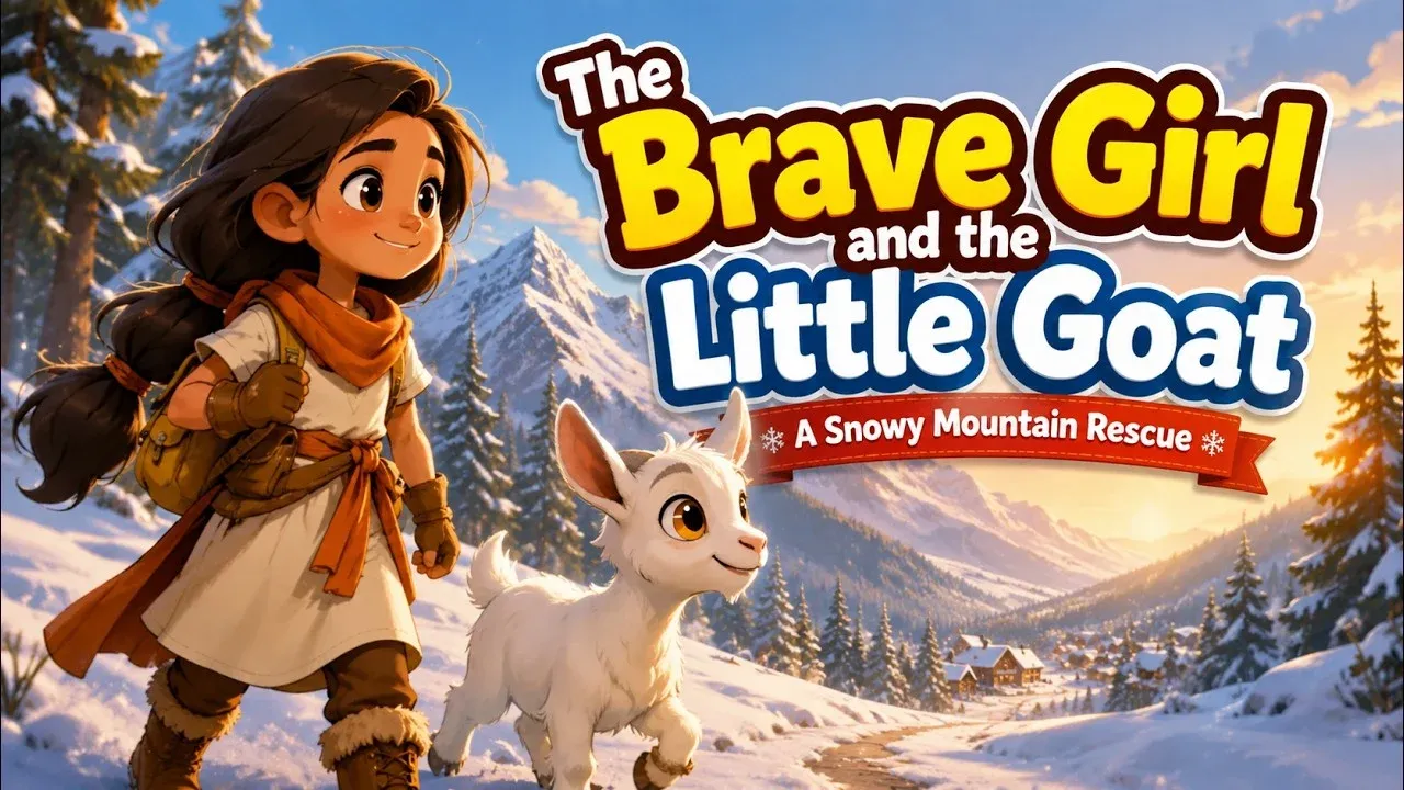 ReadKidz 애니메이션 단편 "The Brave Girl and the Little Goat"의 타이틀 카드: 눈 덮인 산길에서 함께 있는 미라(Mira)와 아기 염소 핍(Pip)