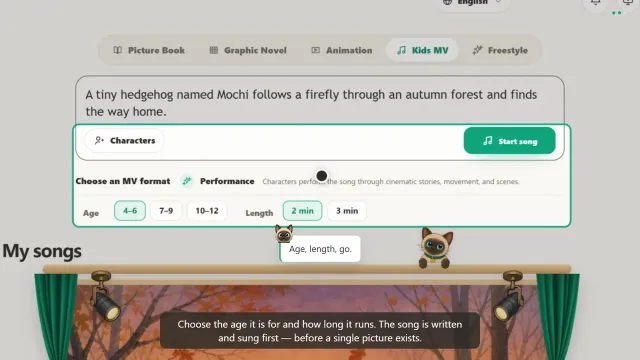 The ReadKidz Kids MV composer with a one-line idea typed in, and chips for age and song length below it.