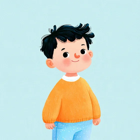 Sample character in the Aqua Grain Flat style: a smiling boy with black hair in an orange jumper, painted in soft grainy flat colour on a pale aqua ground. The book on this page is painted in this style.