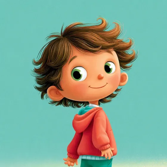 Sample character in the Teal & Coral Storybook style: a boy with tousled brown hair and green eyes in a coral hoodie, rounded storybook shading against a teal ground.