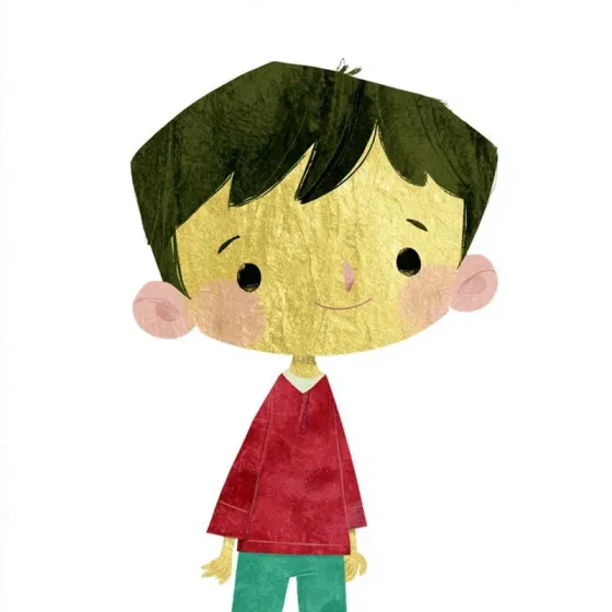 Sample character in the Torn Paper Collage style: a boy in a red top and green trousers built from torn paper shapes with visible paper texture on white.