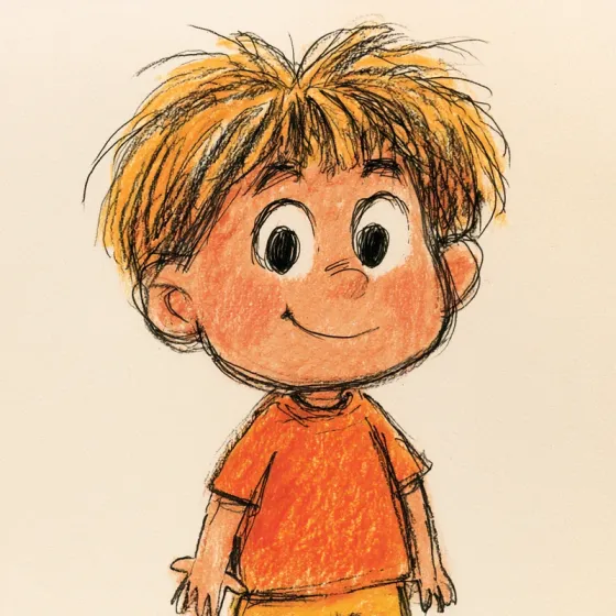 Sample character in the Warm Crayon Sketch style: a smiling boy with tousled orange hair in an orange T-shirt, drawn in loose crayon and pencil strokes on cream paper.