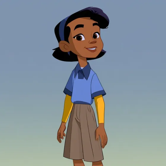 Sample character in the Midcentury Cel style: a girl with a dark bob and blue headband in a blue polo shirt and brown shorts, flat cel colour with clean outlines.