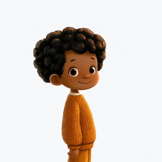 Sample character in the Felted Stop-Motion style: a boy with curly hair in a mustard knitted jumper, rendered like a felted stop-motion puppet.
