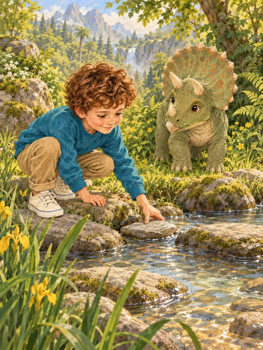 Jejak itu berakhir di sebuah sungai kecil. Dinosaurus kecil berhenti di tepi air.