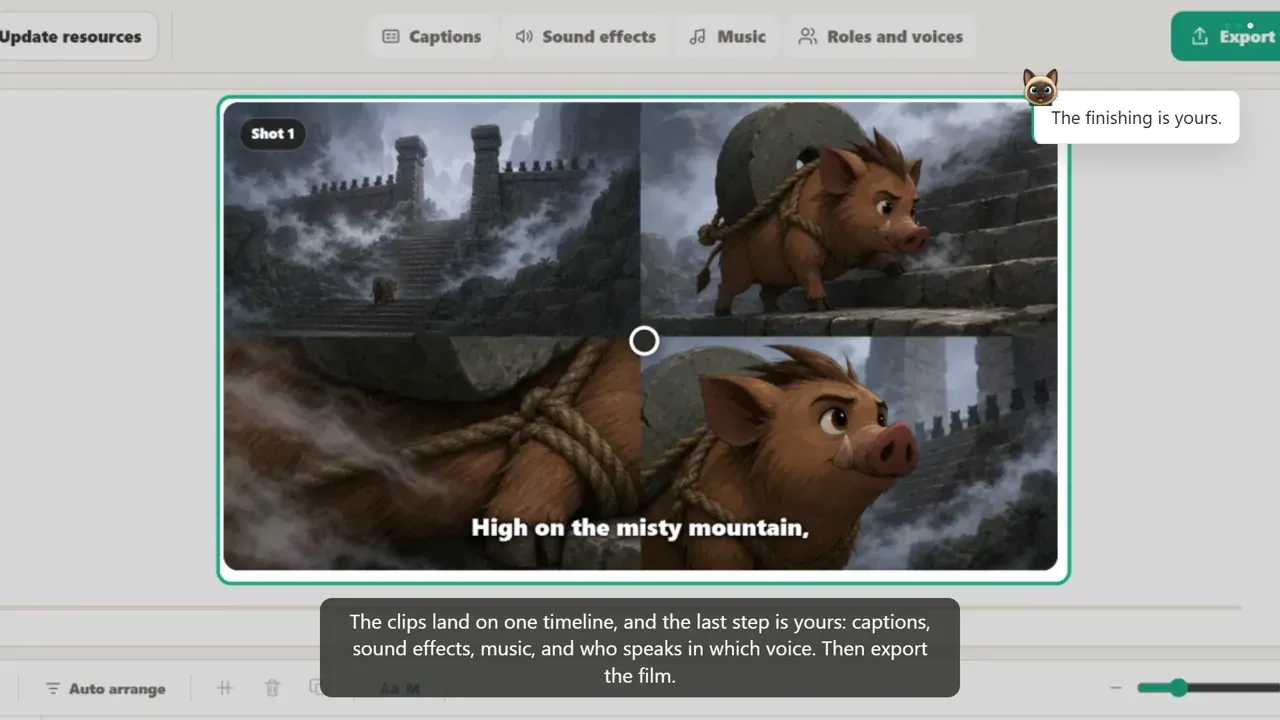 A curta-metragem de animação terminada em reprodução, com os planos organizados por ordem por baixo do leitor.