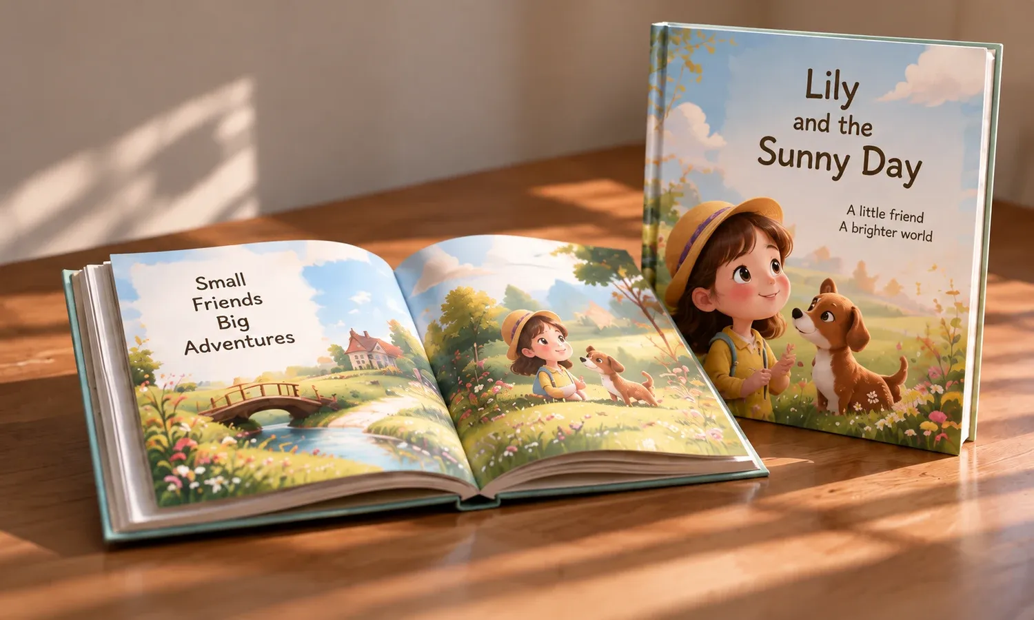 Illustrative mockup of an open picture book beside a matching upright hardcover, showing a girl and her dog in a sunny meadow